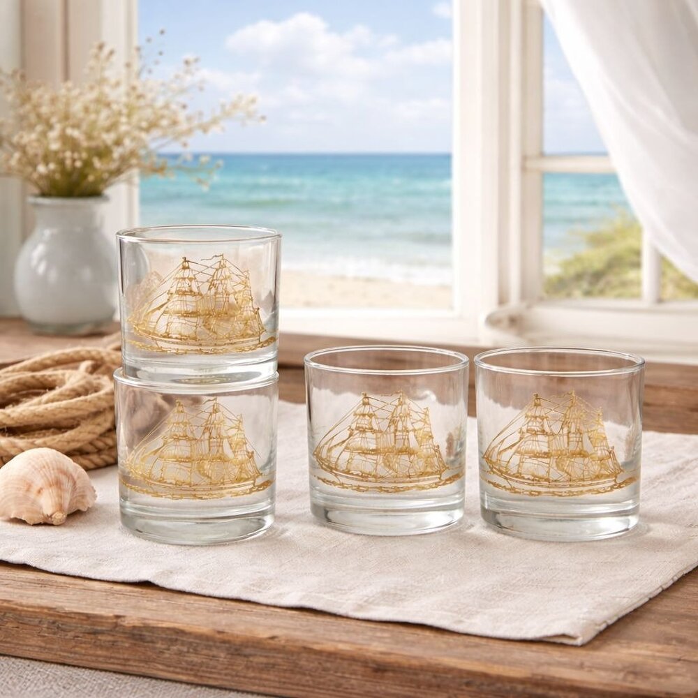Culver Gold Ship Rocks Glasses Set of 4 VTG Nautical Coastal Mid Century Barware